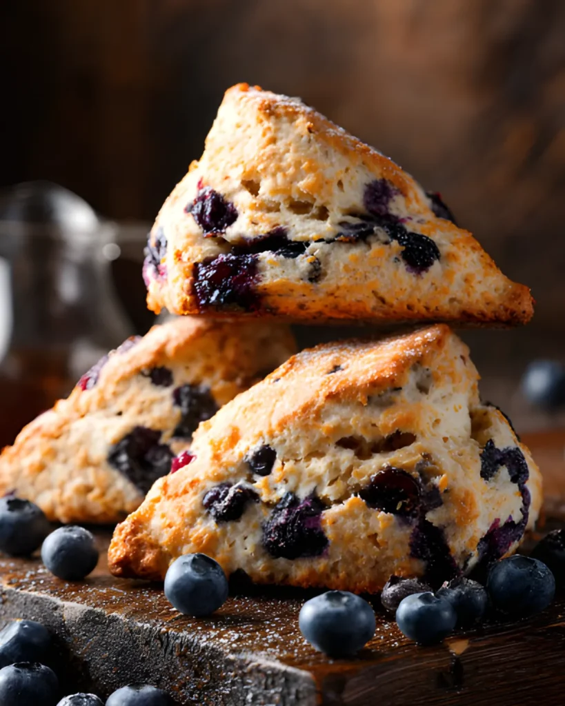 Classic Blueberry Scones Recipe with golden flaky scones filled with fresh blueberries on a wooden board