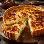 Classic Quiche Lorraine Recipe with crispy bacon and creamy egg filling in a golden flaky crust