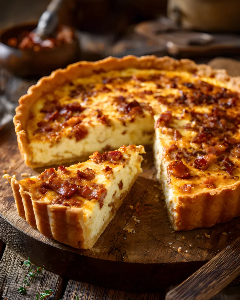Classic Quiche Lorraine Recipe with crispy bacon and creamy egg filling in a golden flaky crust