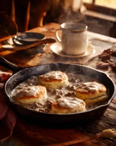 Country Sausage Gravy Recipe served over homemade biscuits in a cast iron skillet with creamy sausage gravy