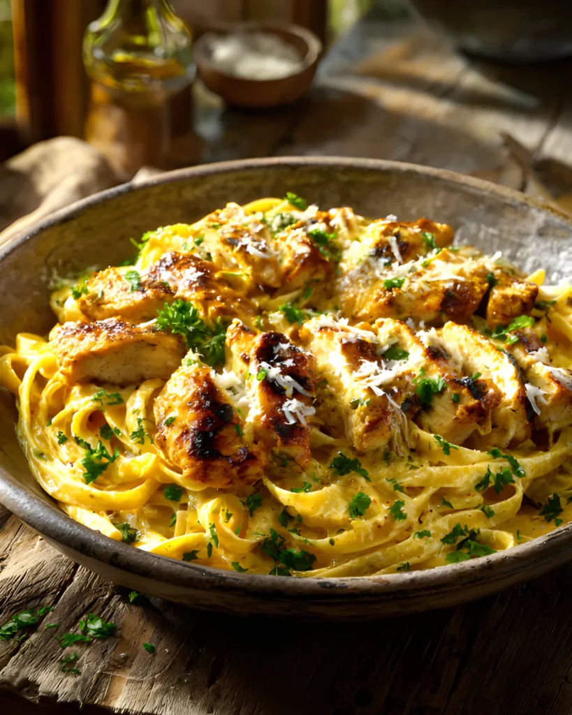 Cowboy Butter Chicken Linguine with grilled chicken, creamy buttery linguine, parmesan cheese, and fresh parsley in a rustic bowl.