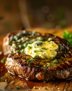 Grilled steak topped with melted garlic herb cowboy butter on a wooden board