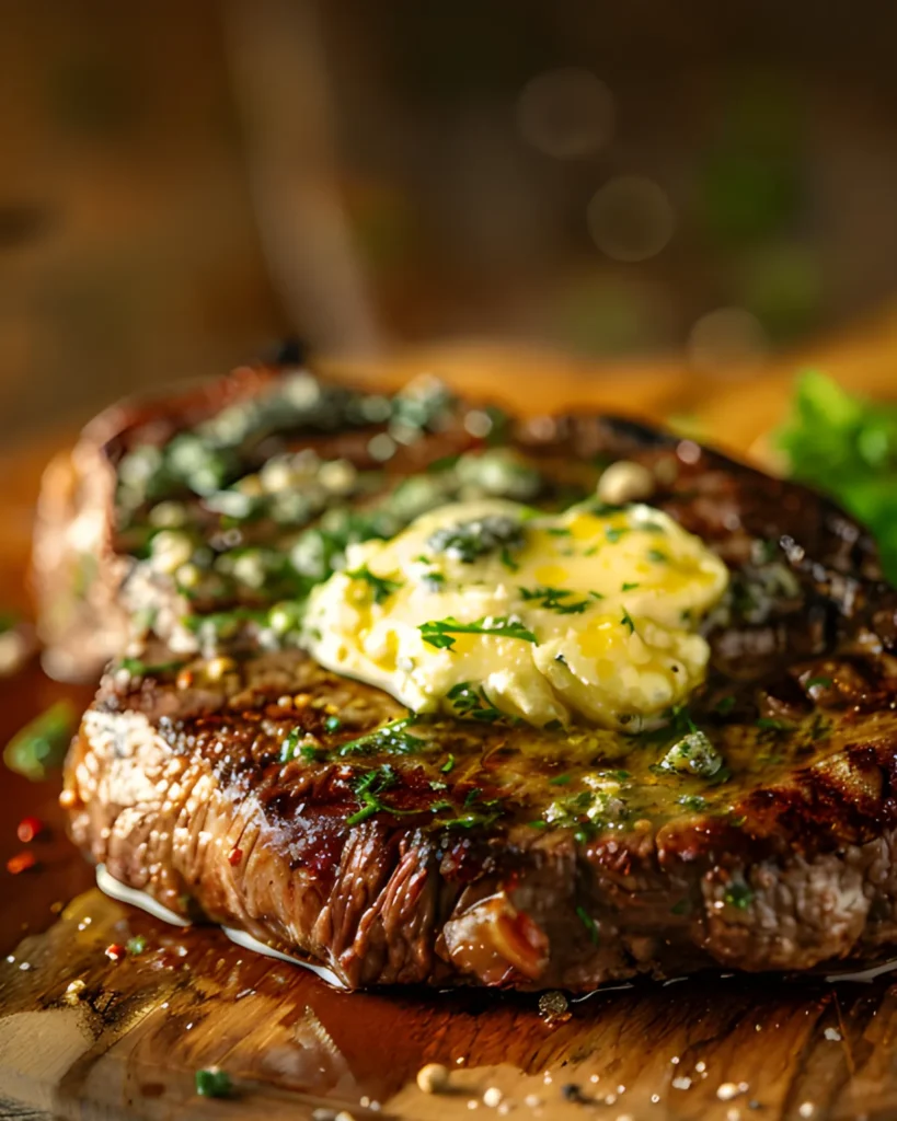 Grilled steak topped with melted garlic herb cowboy butter on a wooden board