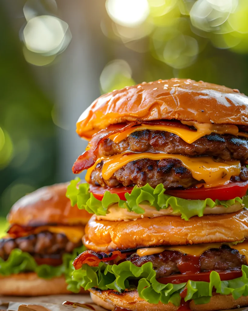 Crack Burgers stacked with double beef patties, melted cheddar cheese, crispy bacon, lettuce, and tomato