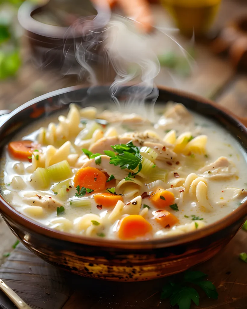Creamy Chicken Noodle Soup in rustic bowl
