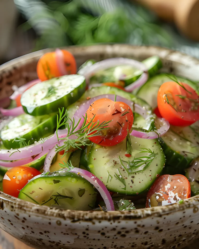 Creamy cucumber tomato salad with fresh cucumber slices, cherry tomatoes, red onion, and dill in a rustic bowl.