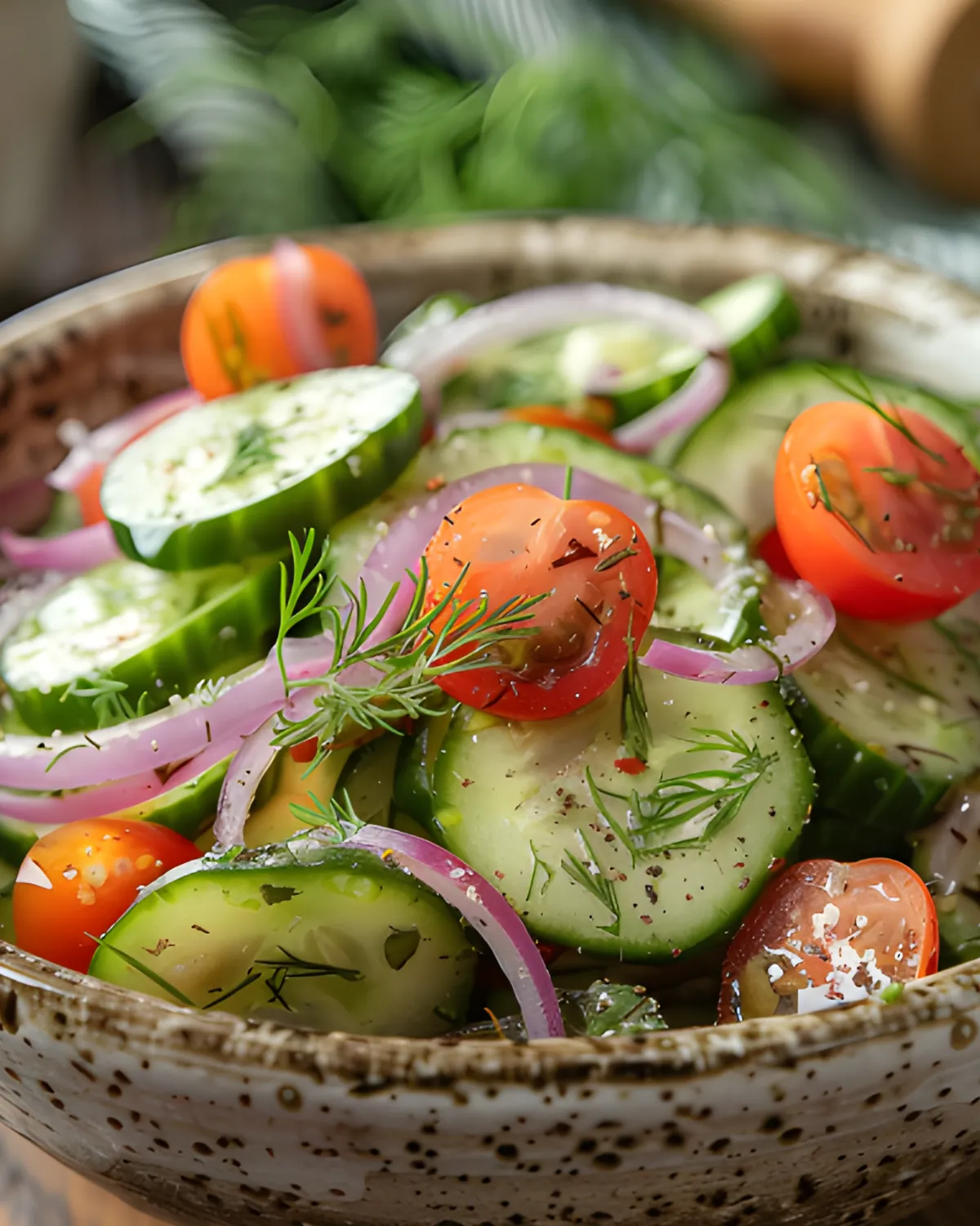 Creamy cucumber tomato salad with fresh cucumber slices, cherry tomatoes, red onion, and dill in a rustic bowl.