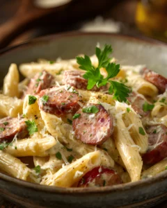 Creamy kielbasa pasta with penne, sliced smoked sausage, parmesan cheese, and fresh parsley in a rich creamy sauce