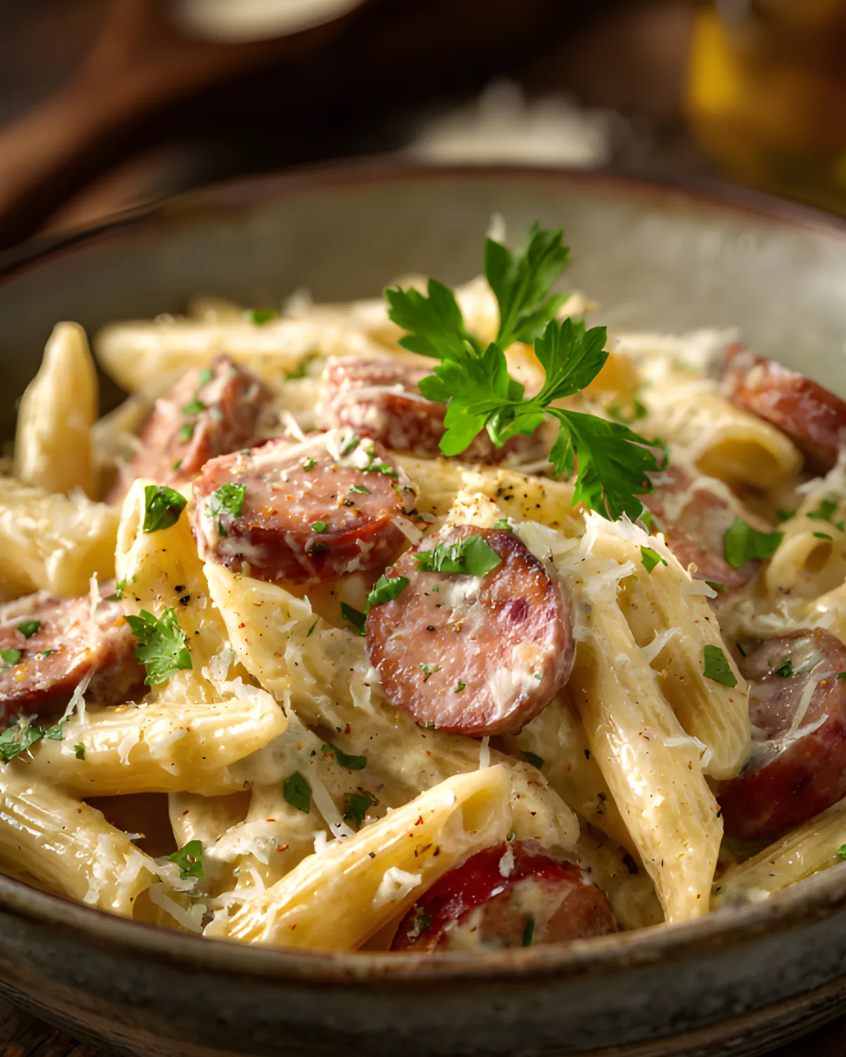 Creamy kielbasa pasta with penne, sliced smoked sausage, parmesan cheese, and fresh parsley in a rich creamy sauce