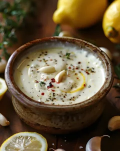 Creamy lemon garlic sauce recipe in a rustic bowl garnished with lemon slices, garlic, herbs, and cracked pepper