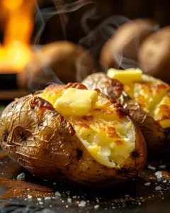 Crispy baked potatoes with golden skins topped with melting butter and steam rising from freshly roasted potatoes