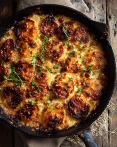 Crispy Parmesan and Gruyere Potato Gratin baked in a skillet with golden brown cheese crust and tender sliced potatoes