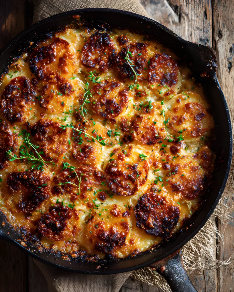 Crispy Parmesan and Gruyere Potato Gratin baked in a skillet with golden brown cheese crust and tender sliced potatoes