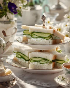 Cucumber Sandwiches Recipe featuring delicate cucumber tea sandwiches made with soft white bread, fresh cucumber slices, and creamy herb spread served on a tiered stand.