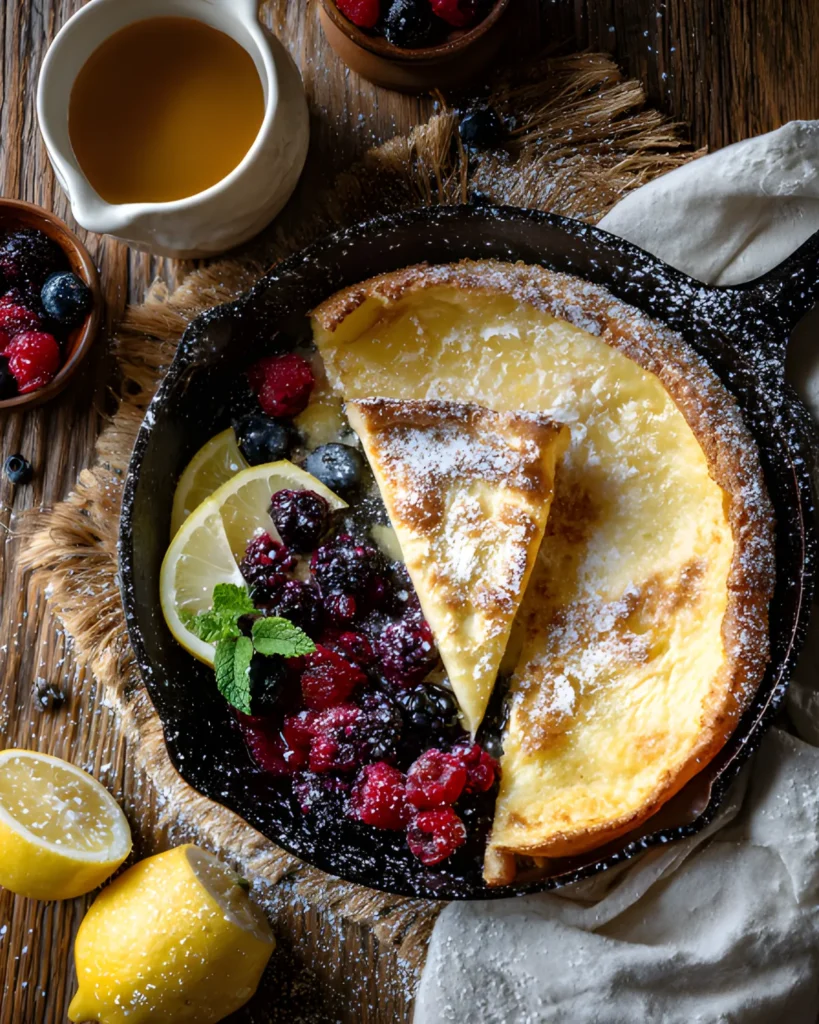 Dutch Baby Pancake Recipe baked in a skillet topped with fresh berries, lemon slices, and powdered sugar