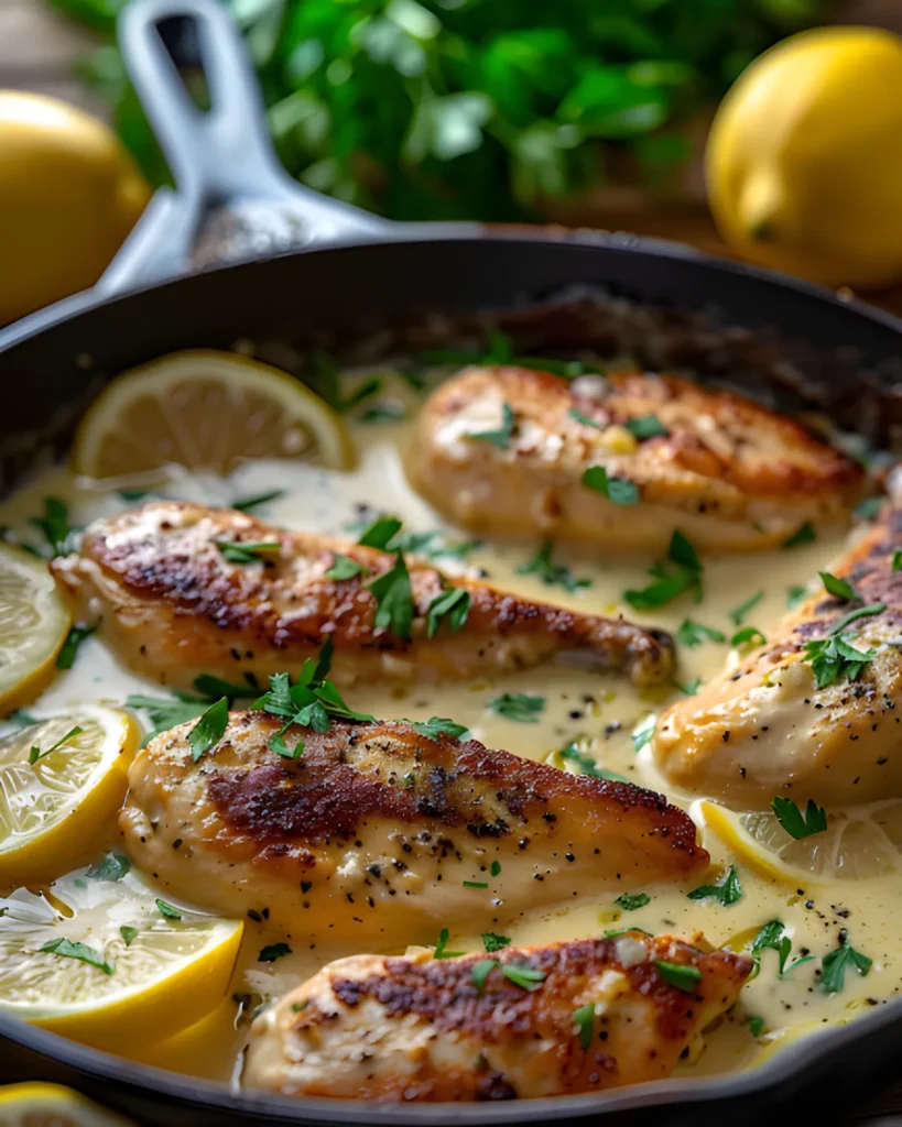 Easy creamy lemon chicken cooked in a skillet with a rich lemon butter sauce, garnished with fresh parsley and lemon slices.
