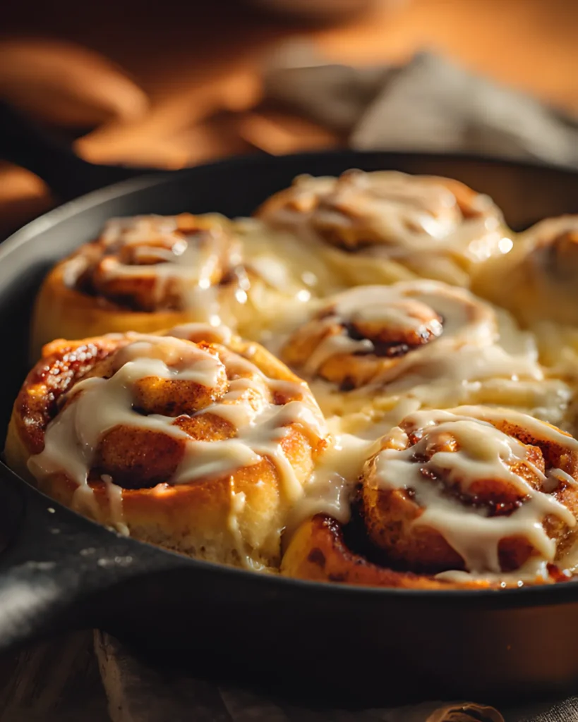 Easy One Hour Cinnamon Rolls baked in a skillet topped with creamy icing glaze