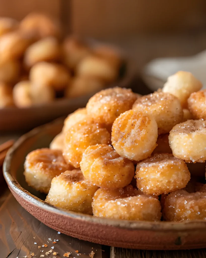 A bowl of Fluffy Air Fryer Churro Bites coated in cinnamon sugar served on a rustic wooden table.