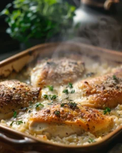 Forgotten Chicken creamy baked chicken and rice casserole with seasoned chicken thighs and fluffy rice in a baking dish