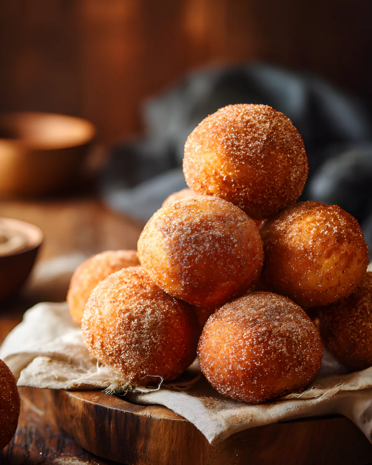 French Breakfast Puffs coated in cinnamon sugar stacked on a wooden board