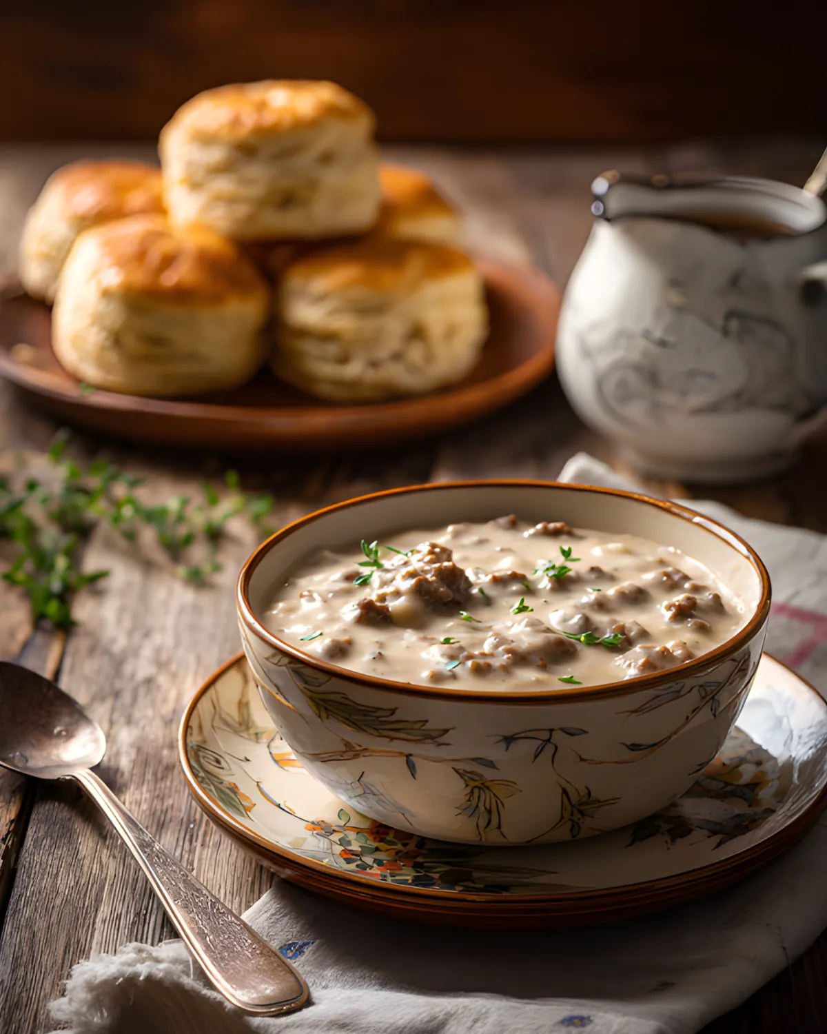 French Toast Bake With Sourdough Bread creamy sausage gravy served in a bowl with biscuits on a rustic table