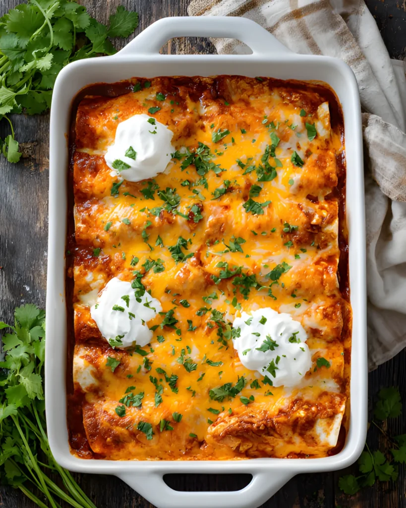 Frozen Burrito Casserole baked with enchilada sauce, melted cheddar cheese, sour cream, and fresh cilantro in a white casserole dish.