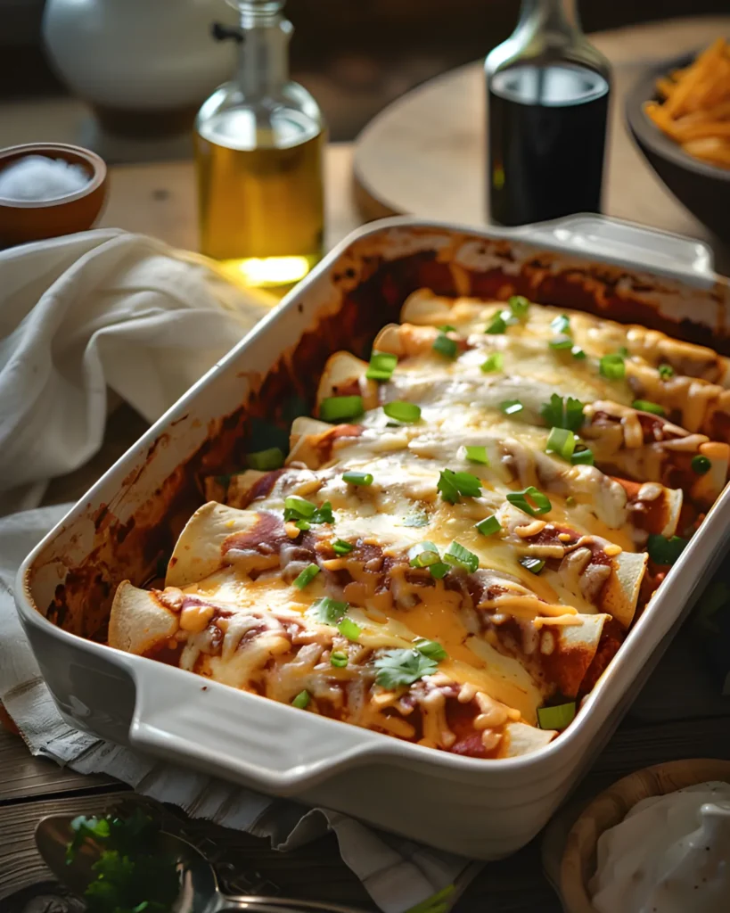 Frozen Taquito Enchiladas baked in a casserole dish with melted cheese, enchilada sauce, and green onions on top.