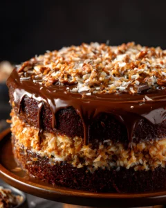 German Chocolate Cake with rich chocolate ganache and coconut pecan filling layered beautifully