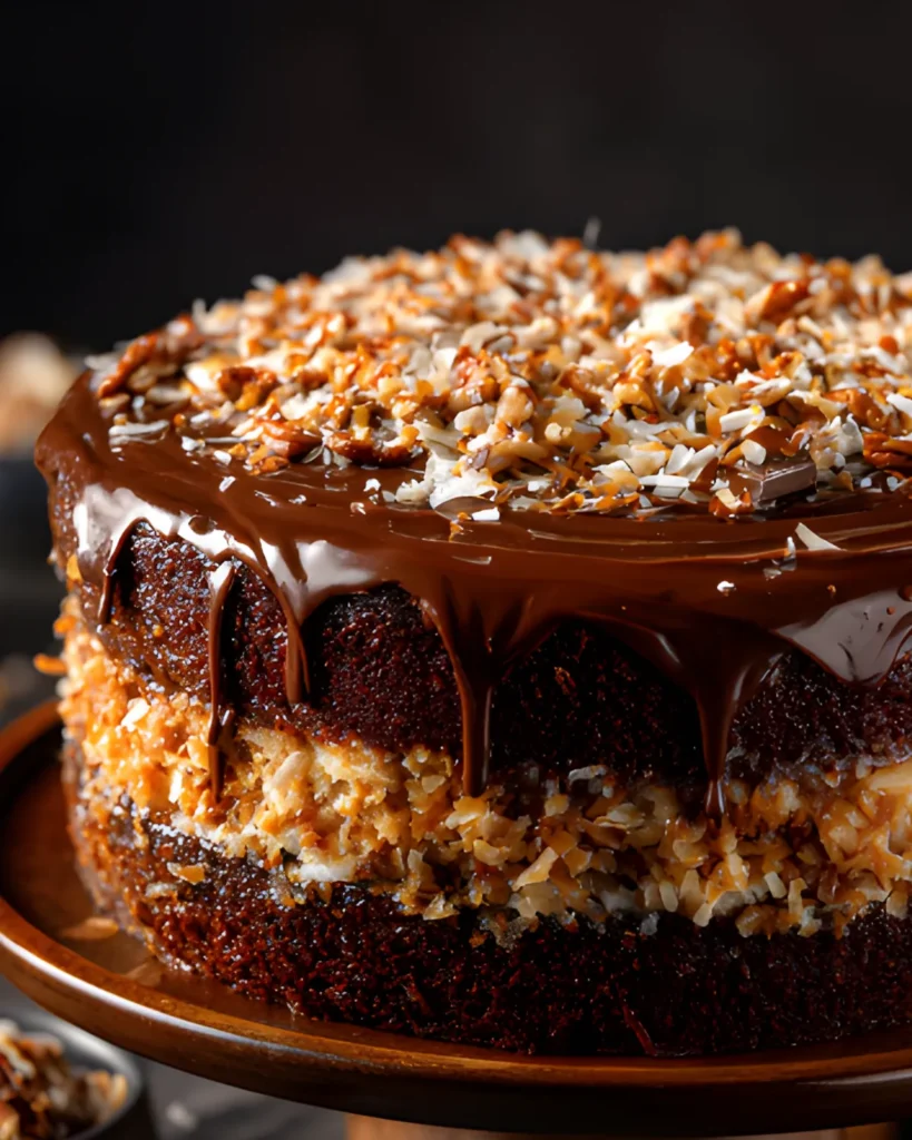 German Chocolate Cake with rich chocolate ganache and coconut pecan filling layered beautifully