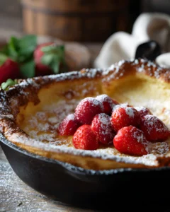 German Pancake Recipe with fresh strawberries and powdered sugar in a cast iron skillet