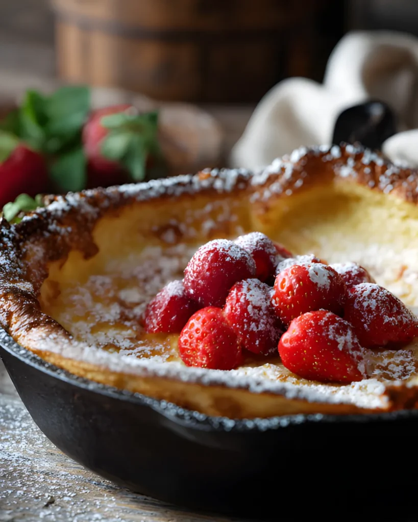 German Pancake Recipe with fresh strawberries and powdered sugar in a cast iron skillet