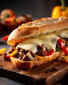 Ground Beef Philly Cheesesteaks sandwich with melted provolone cheese, sautéed onions, and colorful bell peppers on a toasted hoagie roll