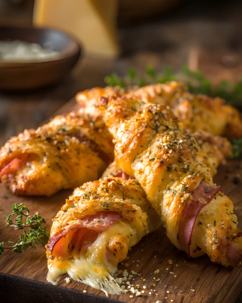 Ham and Cheese Sticks baked in golden pastry with melted cheese and ham, topped with herbs and seasoning on a wooden board