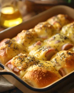 Ham and Havarti Cheese Sliders baked on soft rolls with melted Havarti cheese and topped with poppy seeds in a baking dish.
