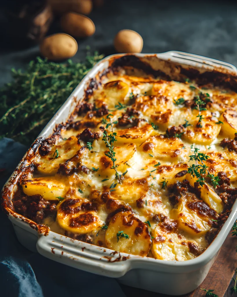 Hobo Ground Beef Recipe baked casserole with sliced potatoes, seasoned ground beef, and melted cheese.