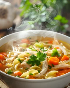 Homemade chicken noodle soup with shredded chicken, noodles, carrots, celery, and fresh parsley in a steaming bowl.