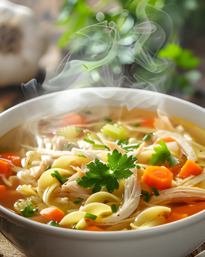 Homemade chicken noodle soup with shredded chicken, noodles, carrots, celery, and fresh parsley in a steaming bowl.
