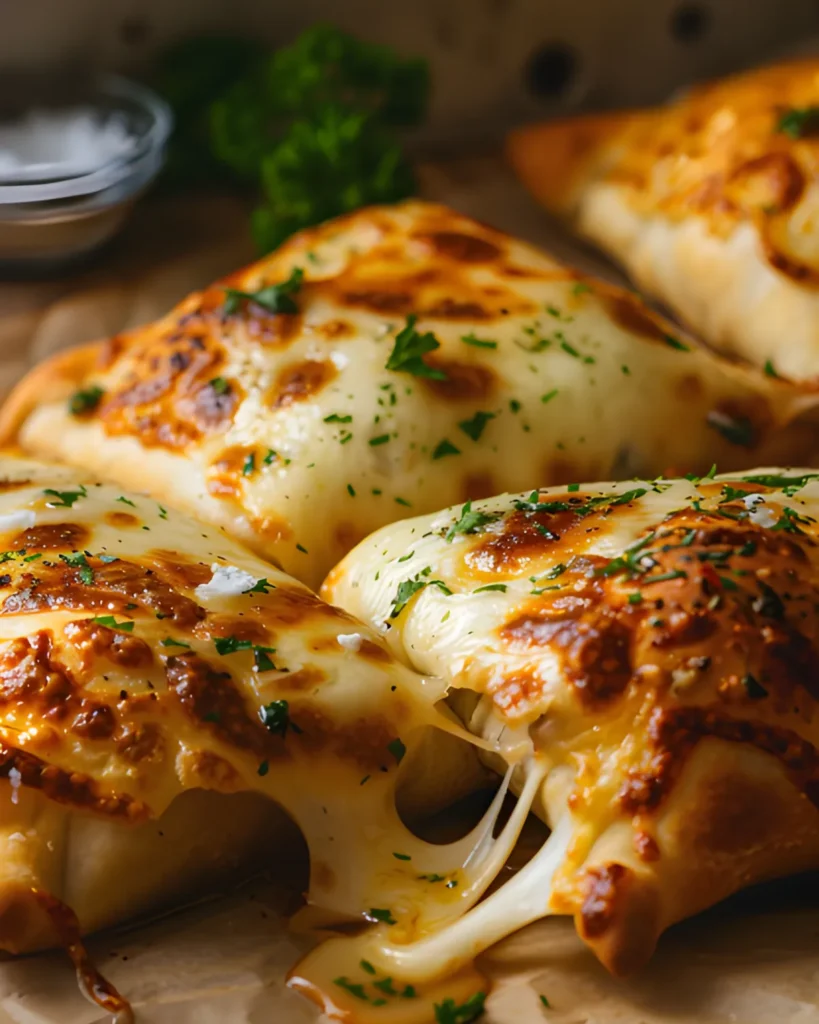 Homemade Easy Cheesy Pizza Pockets with golden baked crust and melted mozzarella cheese stretching from the center