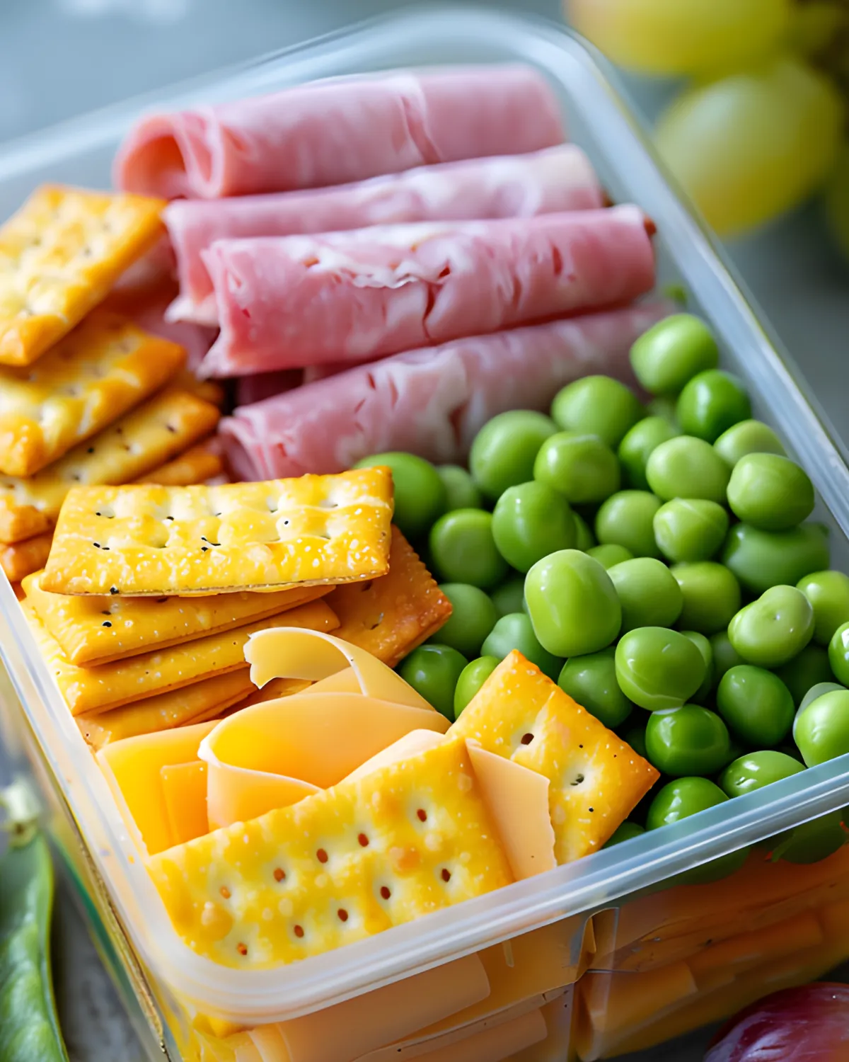 Homemade Lunchables snack box with rolled ham, crackers, sliced cheese ribbons, and green peas in a meal prep container.