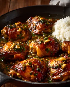 Honey Garlic Chicken cooked in a skillet with glossy garlic sauce and herbs served with white rice.