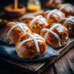 This Hot Cross Buns Recipe shows soft, fluffy buns with a shiny glaze and classic icing cross—perfect for Easter baking