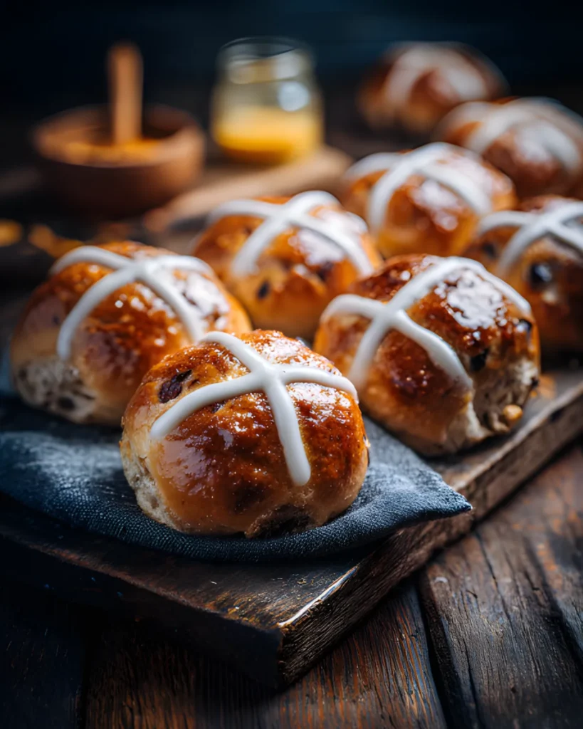 This Hot Cross Buns Recipe shows soft, fluffy buns with a shiny glaze and classic icing cross—perfect for Easter baking