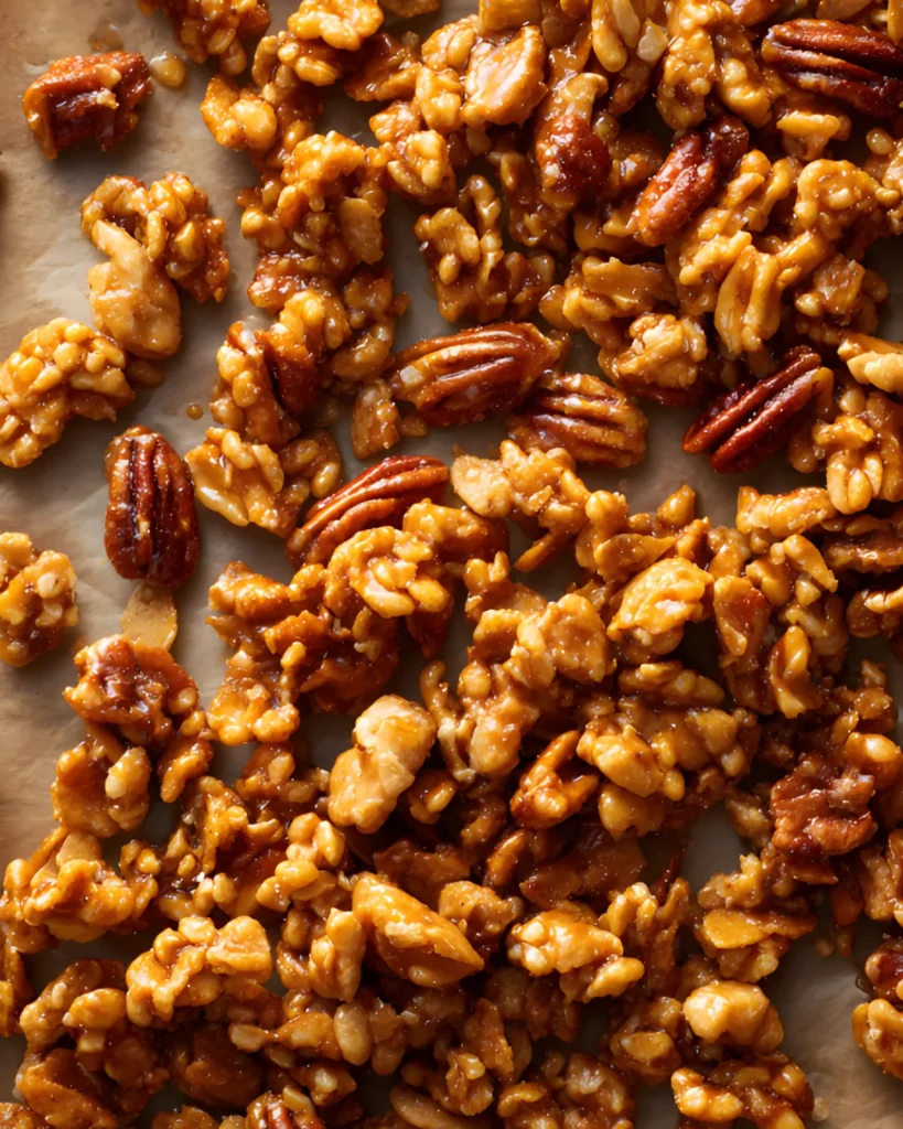 Irresistible Praline Crunch made with caramelized pecans and walnuts coated in a sweet crunchy praline glaze.