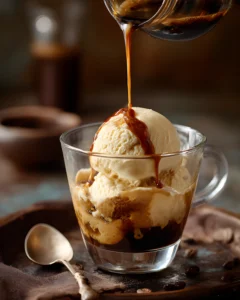 Italian Affogato Recipe with hot espresso being poured over creamy vanilla ice cream in a glass cup