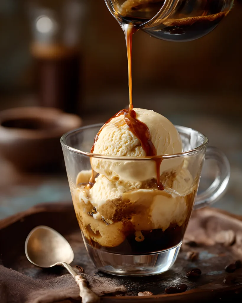 Italian Affogato Recipe with hot espresso being poured over creamy vanilla ice cream in a glass cup