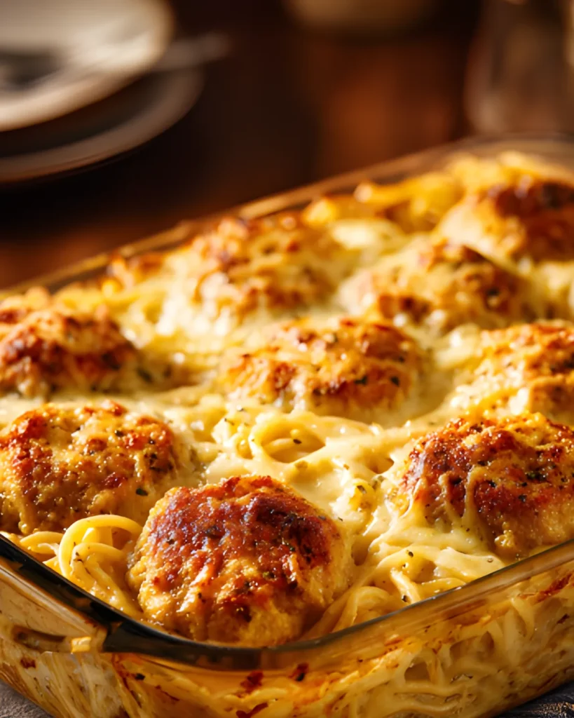 Lazy chicken baked spaghetti casserole with pasta, golden melted cheese, and seasoned chicken meatballs in a glass baking dish.