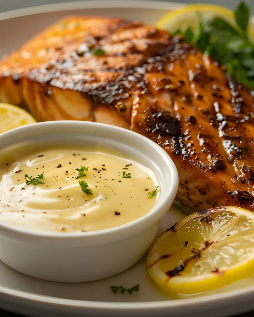 Lemon beurre blanc recipe served with pan-seared salmon, creamy lemon butter sauce, and grilled lemon slices on a plate.