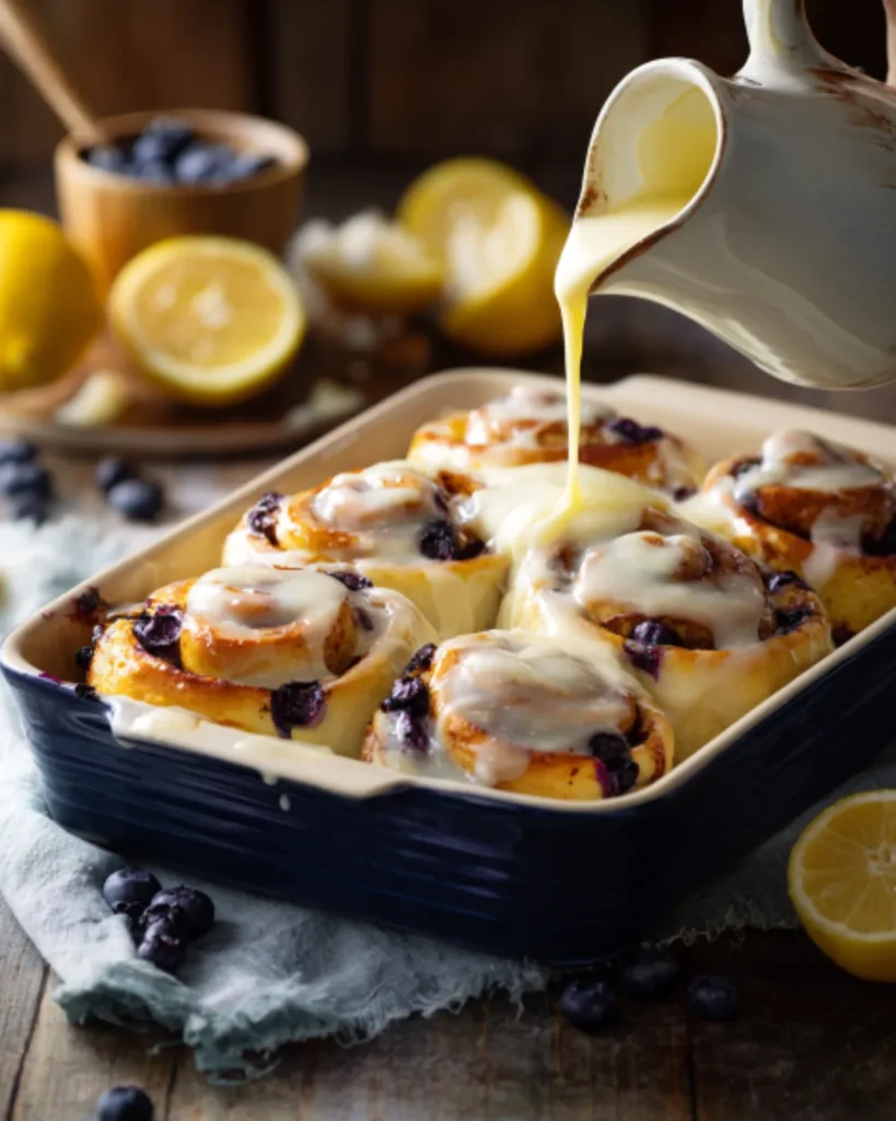 Lemon Blueberry Rolls topped with creamy glaze and fresh blueberries in a baking dish