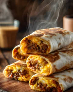 Make-Ahead Freezer Breakfast Burritos filled with eggs cheese and beef stacked on a wooden board