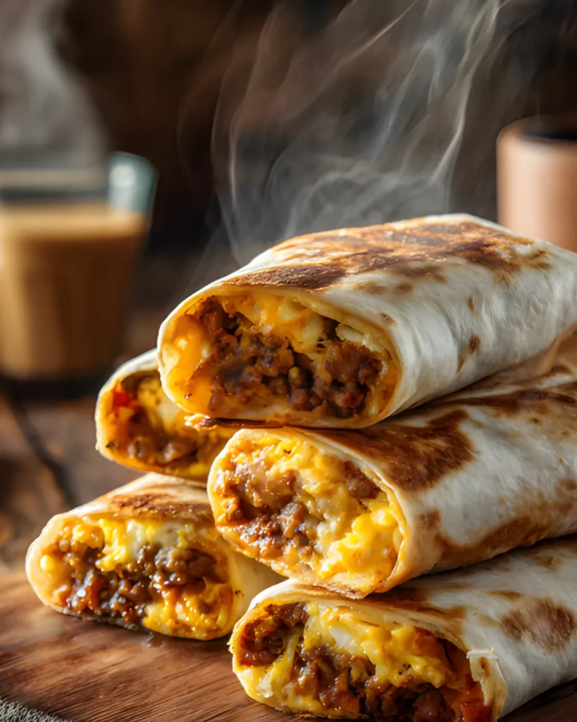 Make-Ahead Freezer Breakfast Burritos filled with eggs cheese and beef stacked on a wooden board